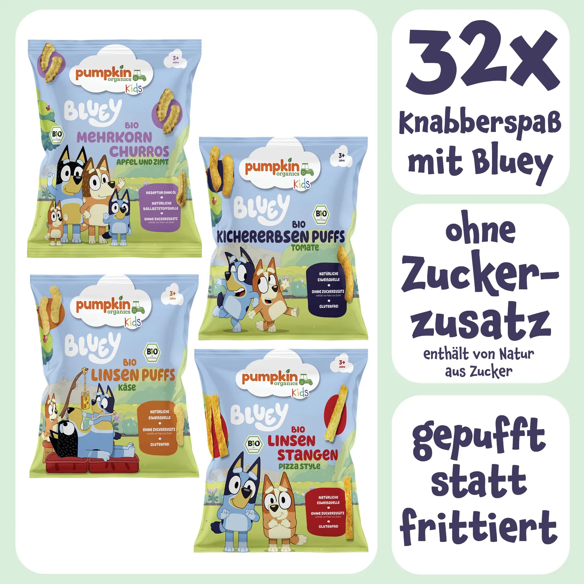 32x Bluey Knabbersnacks ohne Zuckerzusatz, gepufft und nicht frittiert