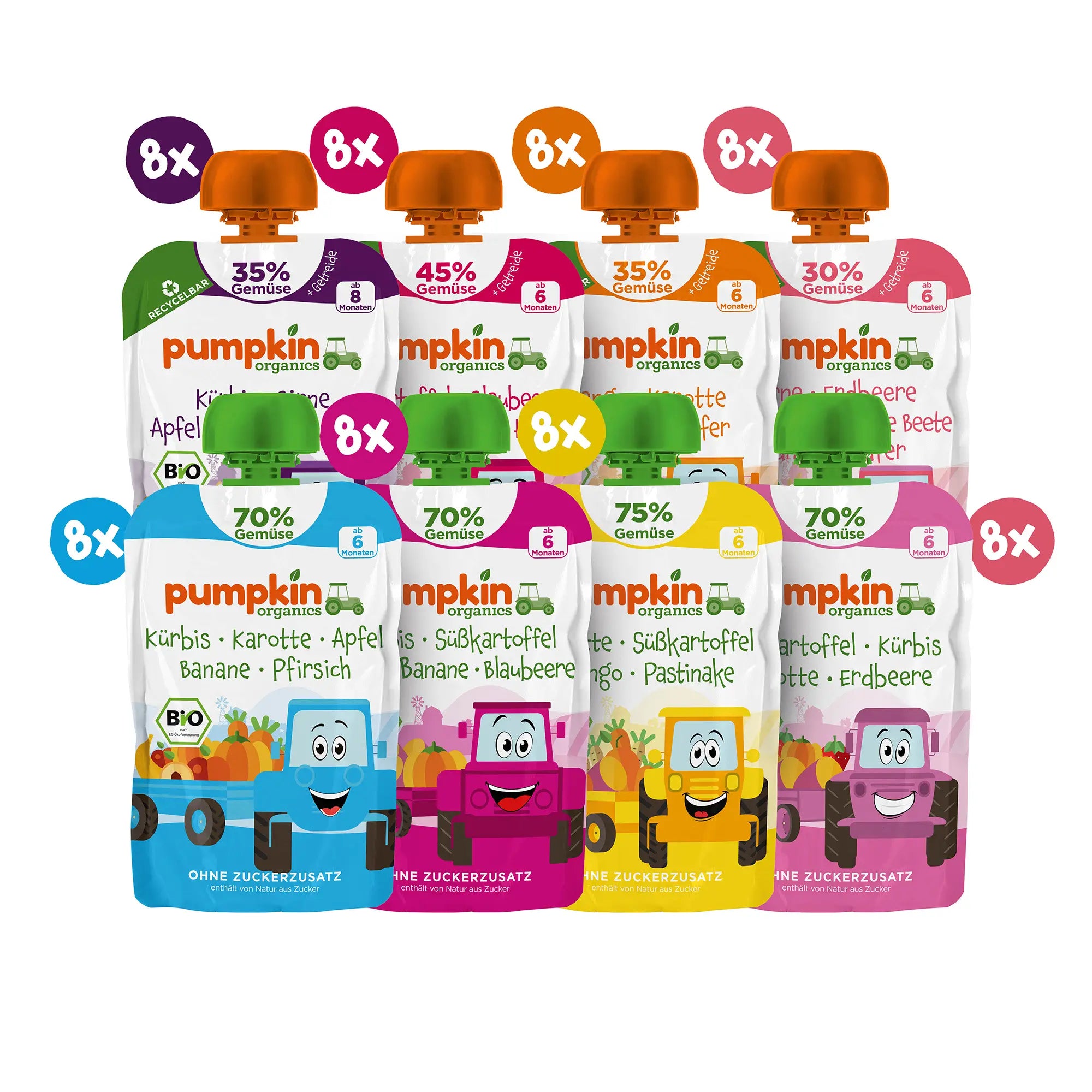 4 Bio Gemüse-Quetschies von Pumpkin Organics; jeweils 8x