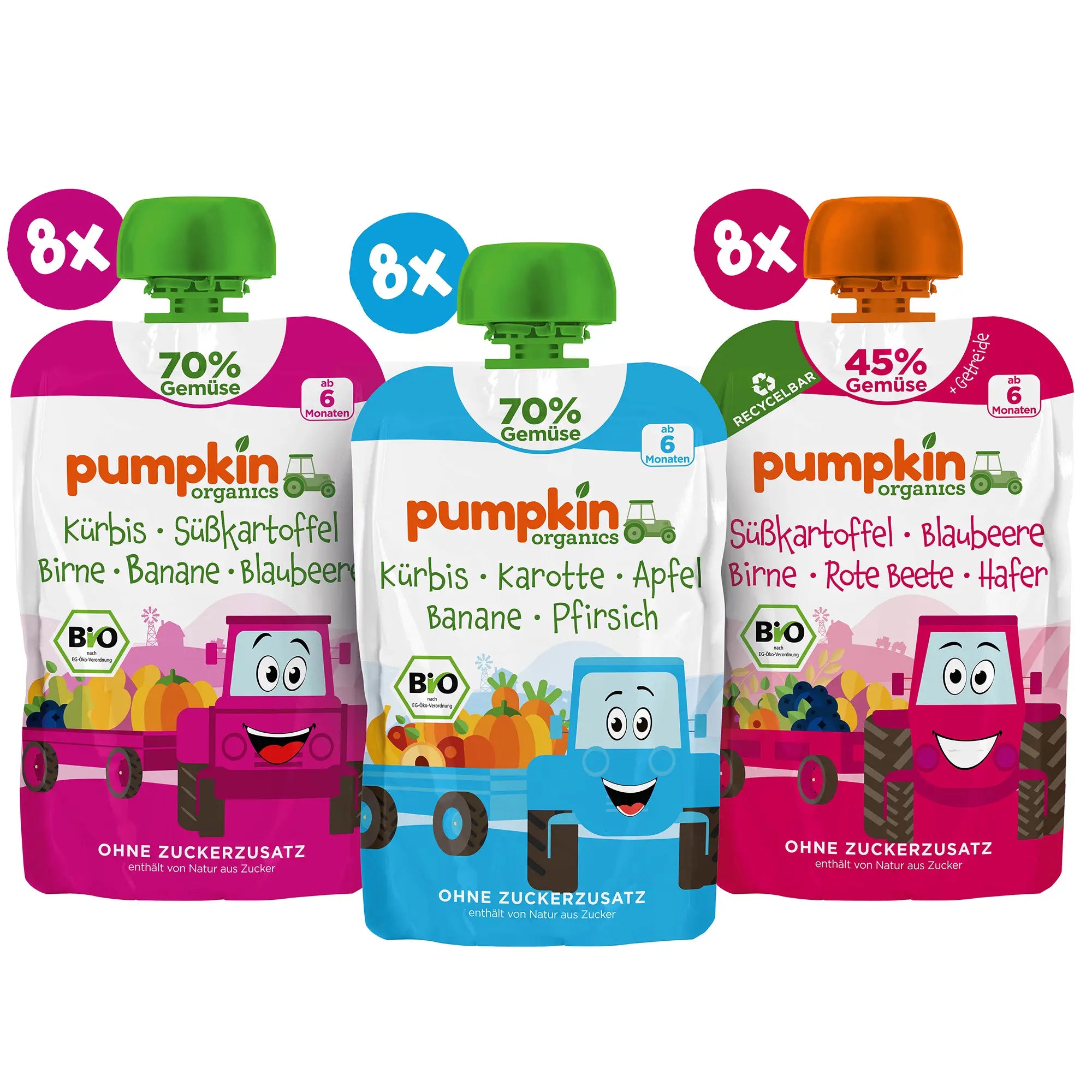3 Bio Gemüse-Quetschies von Pumpkin Organics; jeweils 8x