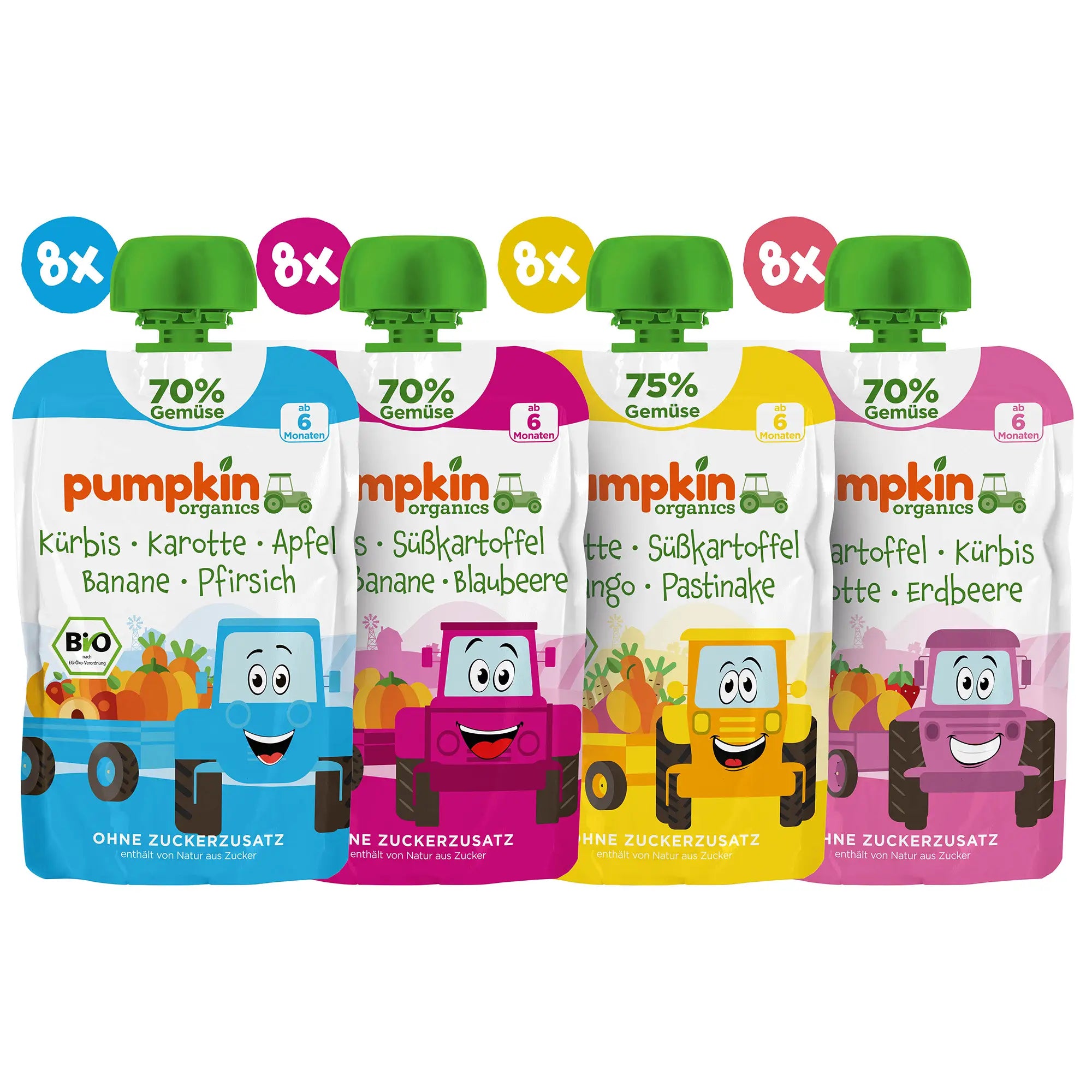 4 Pumpkin Organics Bio Gemüse-Quetschies; jeweils 8x