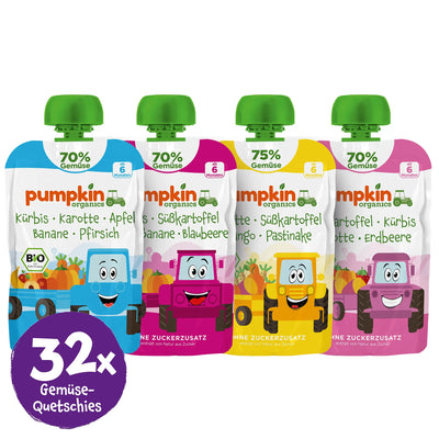 4 Pumpkin Organics Bio Gemüse-Quetschies; Sticker mit 32x Gemüse-Quetschie
