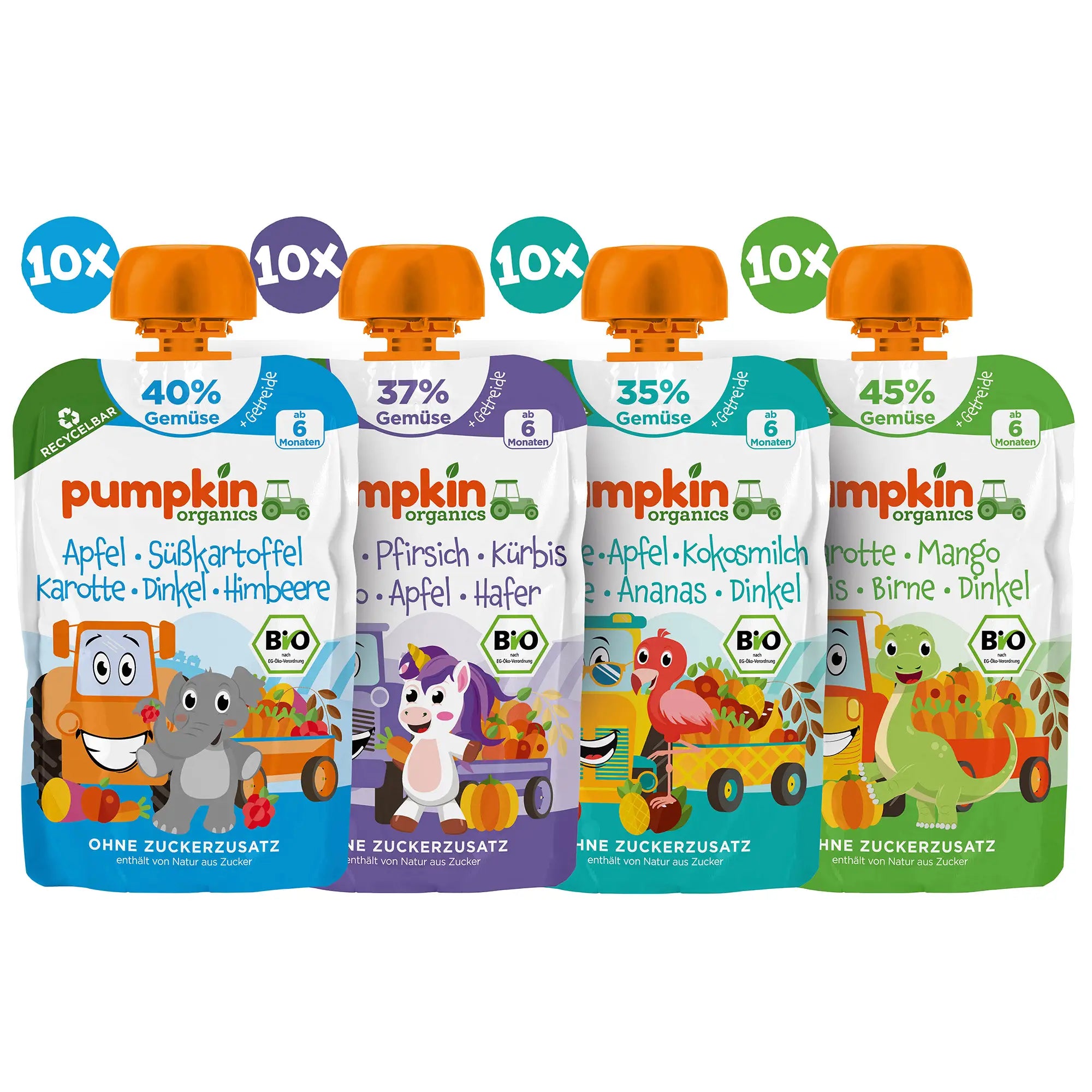 4 Bio Gemüse-Quetschies von Pumpkin Organcis; jeweils 10x
