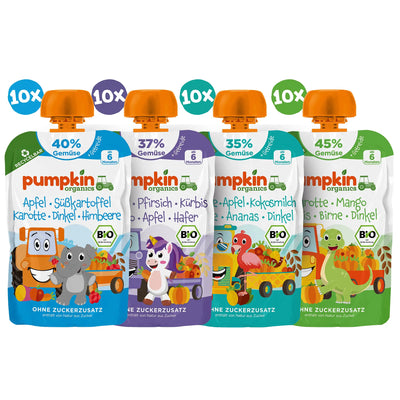 4 Bio Gemüse-Quetschies von Pumpkin Organcis; jeweils 10x