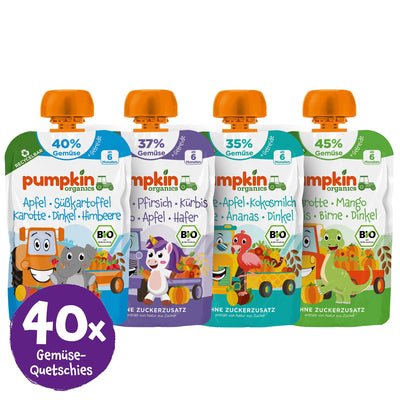 4 Bio Gemüse-Quetschies von Pumpkin Organcis; Sticker mit 40x Gemüse-Quetschie