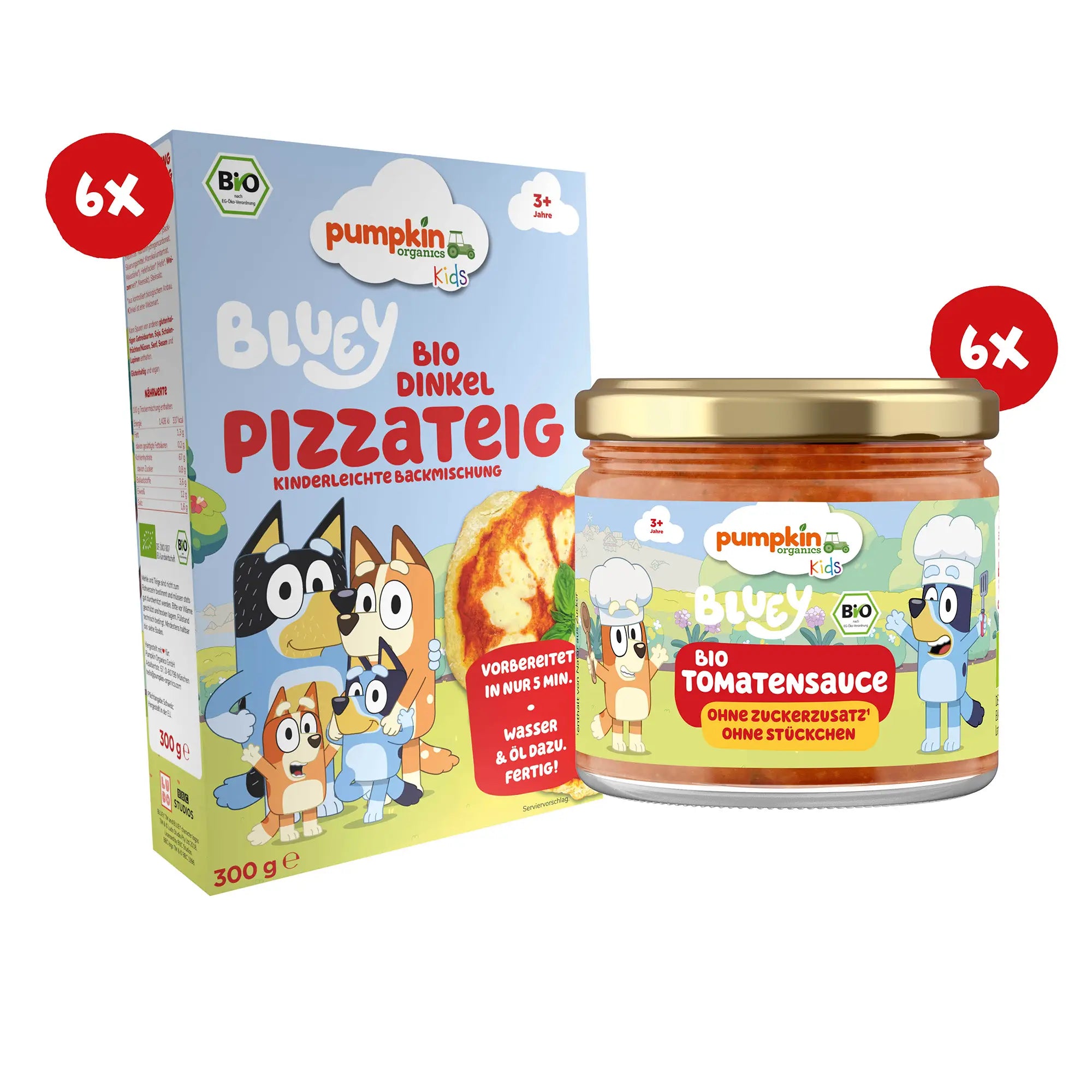 Bio Dinkel Pizzateig und Bio Tomatensauce im Bluey Style von Pumpkin Organcis; jeweils 6x