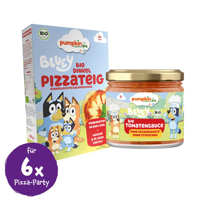 Bio Dinkel Pizzateig und Bio Tomatensauce im Bluey Style von Pumpkin Organcis; für 6x Pizza-Party