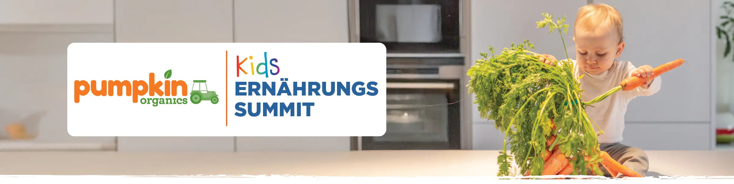 Logo vom Pumpkin Organics Kids Ernährungs Summit und Kind mit Karotte