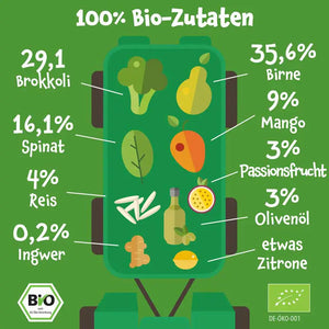 Bio Quetschie Birne, Brokkoli, Spinat, Mango, Passionsfrucht, Reis, Ingwer & Olivenöl (8er Box)