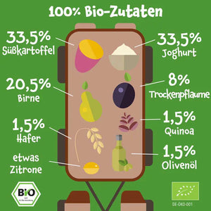 Bio Quetschie Süßkartoffel, Joghurt, Birne, Trockenpflaume, Hafer, Quinoa & Olivenöl (8er Box)