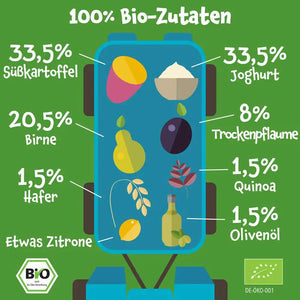 Bio Gemüse-Getreide-Quetschie Süßkartoffel, Joghurt, Birne, Trockenpflaume, Hafer, Quinoa (8x)
