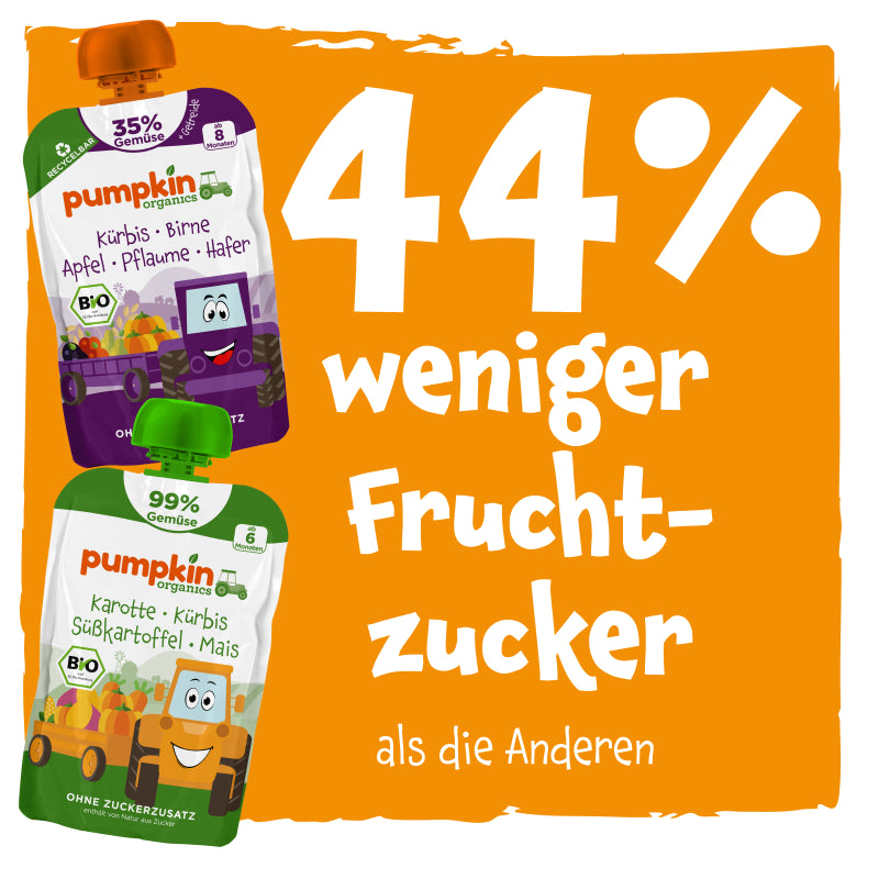 39% weniger Fruchtzucker als die Anderen; Abbildung von zwei Pumpkin Organics Quetschies