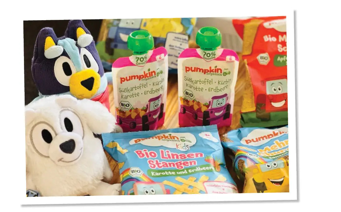 Bluey und Pumpkin Organics Quetschies und Sacks