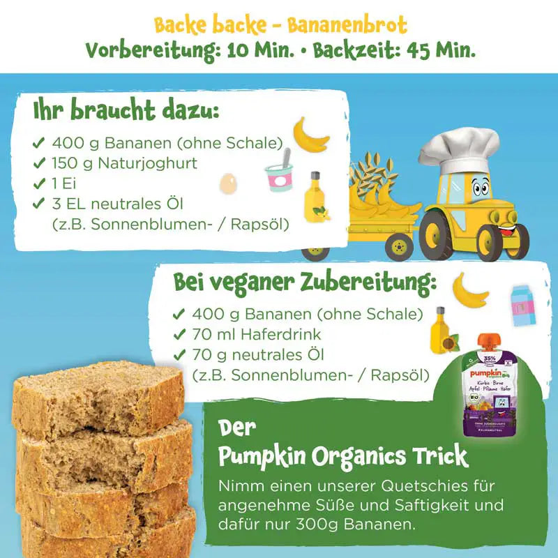 Zubereitung Pumpkin Organics Bananenbrot Backmischung für Kinder