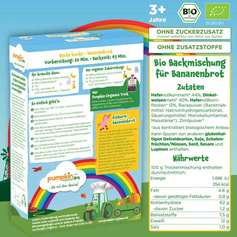 Packung Rückseite Pumpkin Organics Bananenbrot Backmischung für Kinder