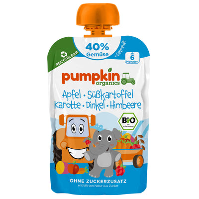 Produktbild Bio Gemüse-Getreide Quetschie Apfel, Süßkartoffel, Karotte, Dinkel, Himbeere von Pumpkin Organics