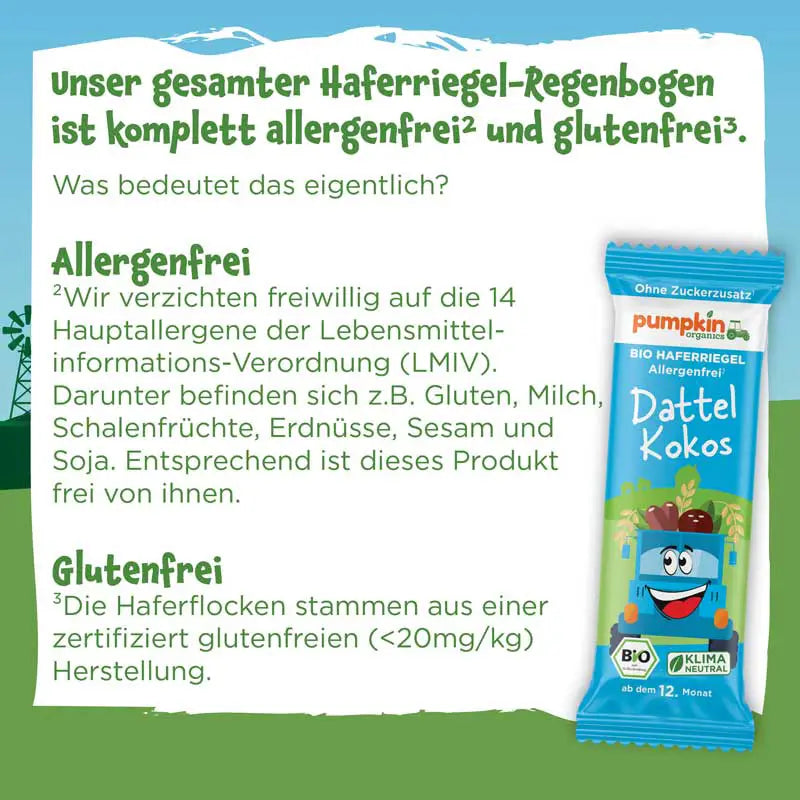 Erklärung Allergen- und Glutenfrei Bio Haferriegel Dattel Kokos 