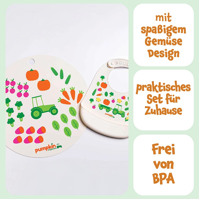 Pumpkin Organics Tischset und Lätzchen als praktisches Set für Zuhause mit spaßigem Gemüse Design, frei von BPA