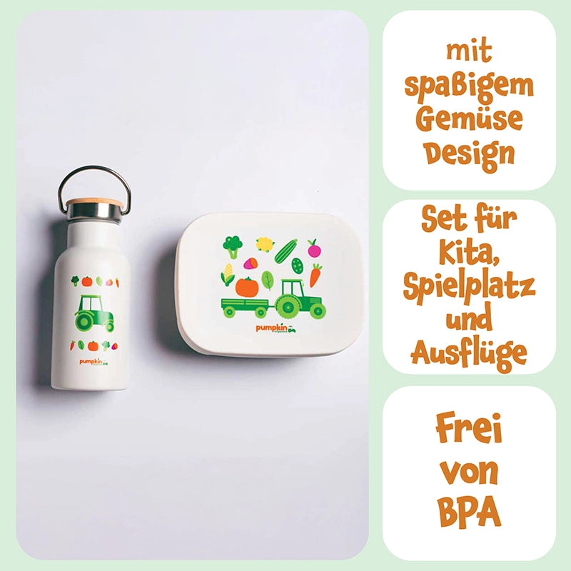 Pumpkin Organics Set mit Trinkflasche und Brotdose mit spaßigem Gemüse Design, Set für Kita, Spielplatz und Ausflüge, Frei von BPA