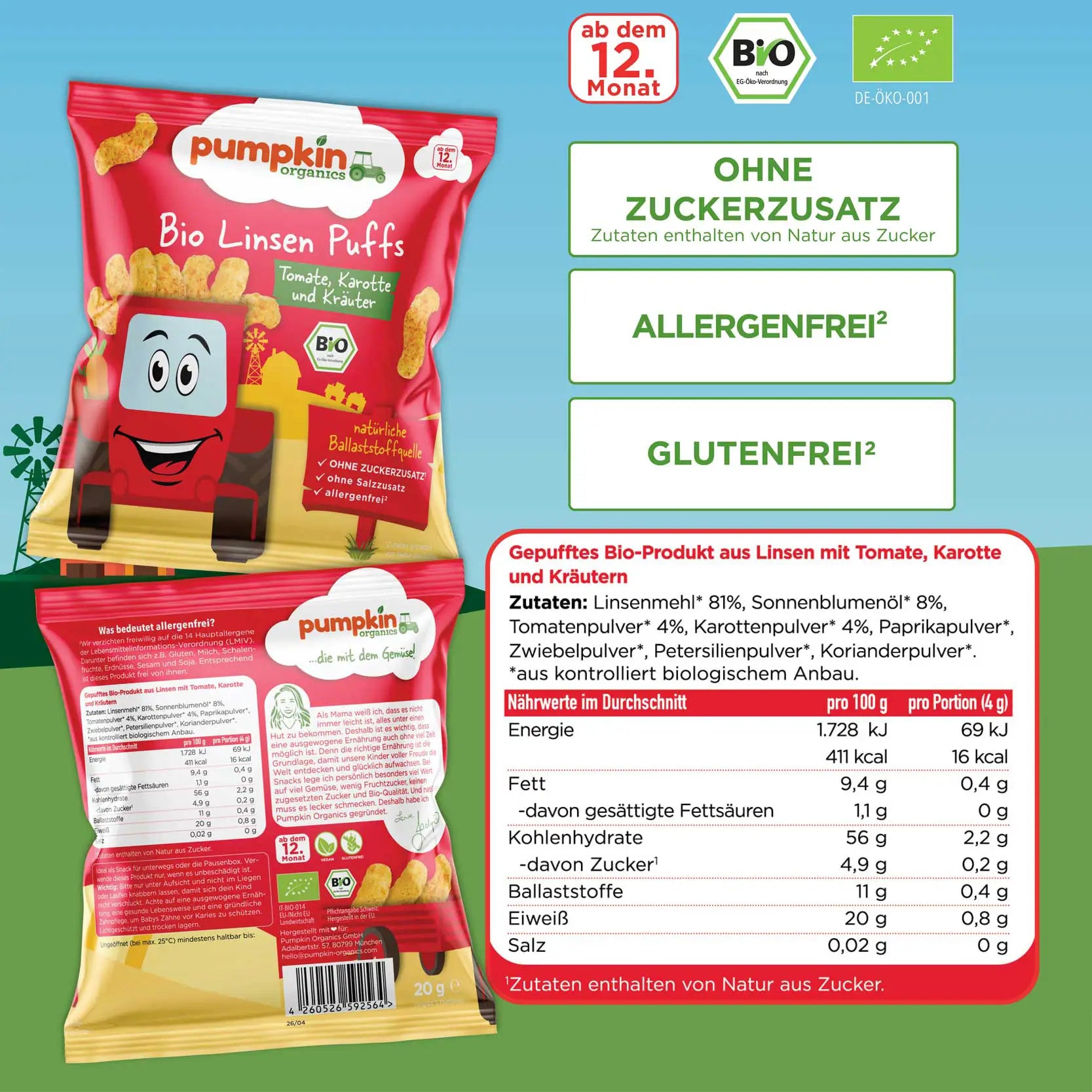 Bio Linsen Puffs Tomate, Karotte und Kräuter