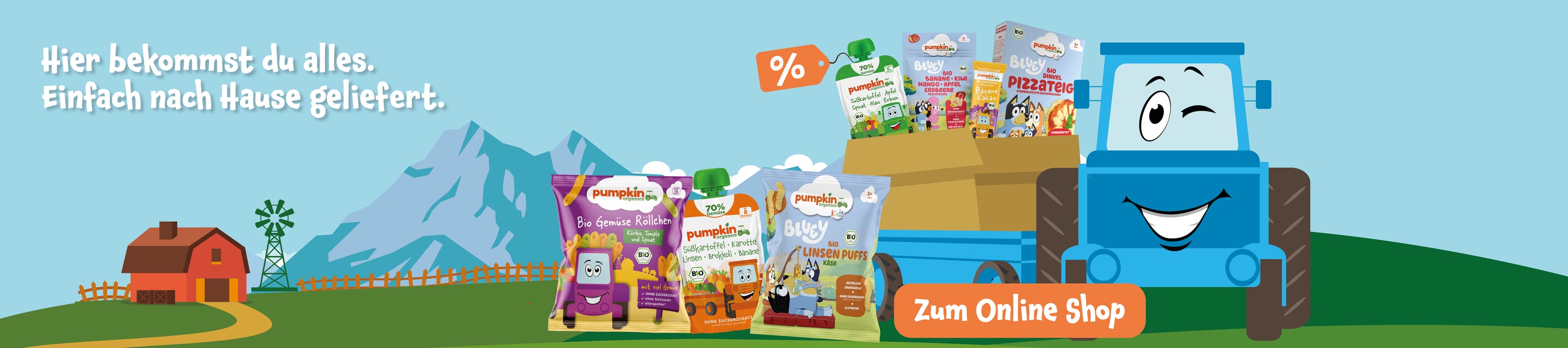 Pumpkin Organics Traktor liefert alles zu dir nach Hause.