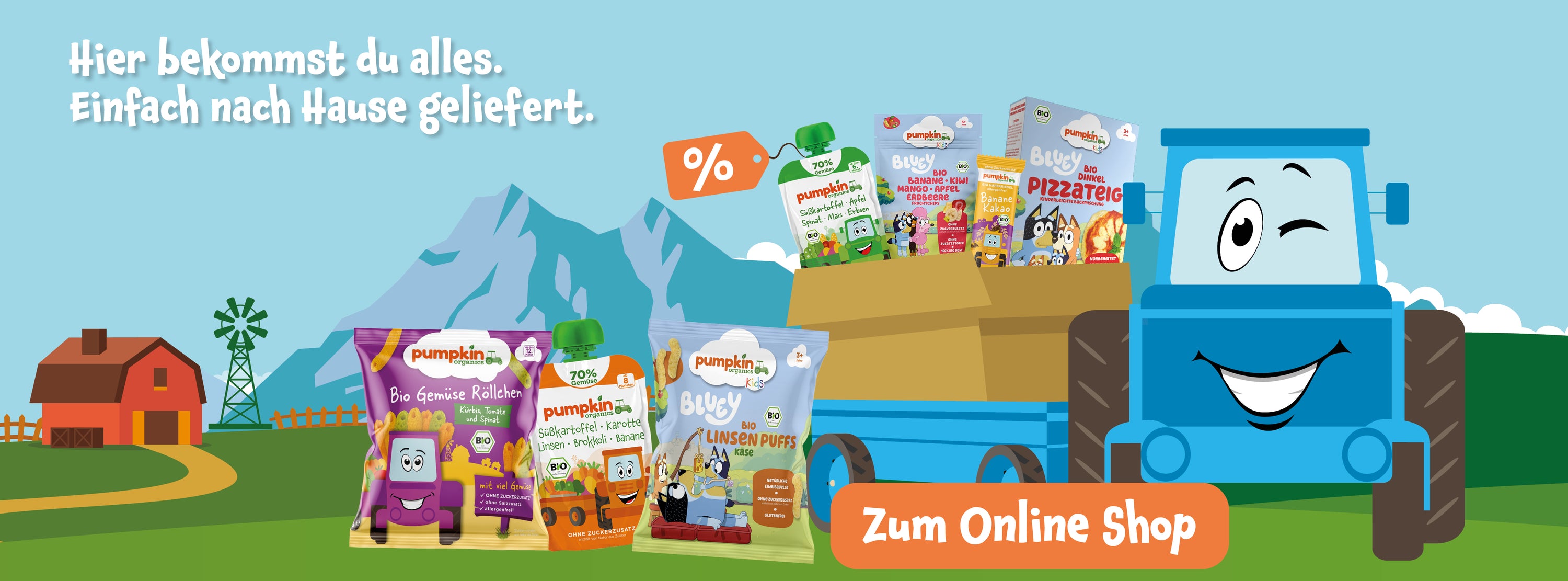 Pumpkin Organics Traktor liefert alles zu dir nach Hause.