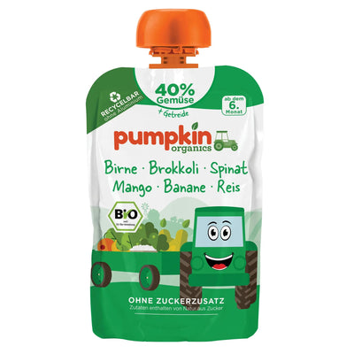 Bio Gemüse - Getreide - Quetschie Birne, Brokkoli, Spinat, Mango, Banane, Reis (Kleines MHD: 24.08.25) - Pumpkin Organics