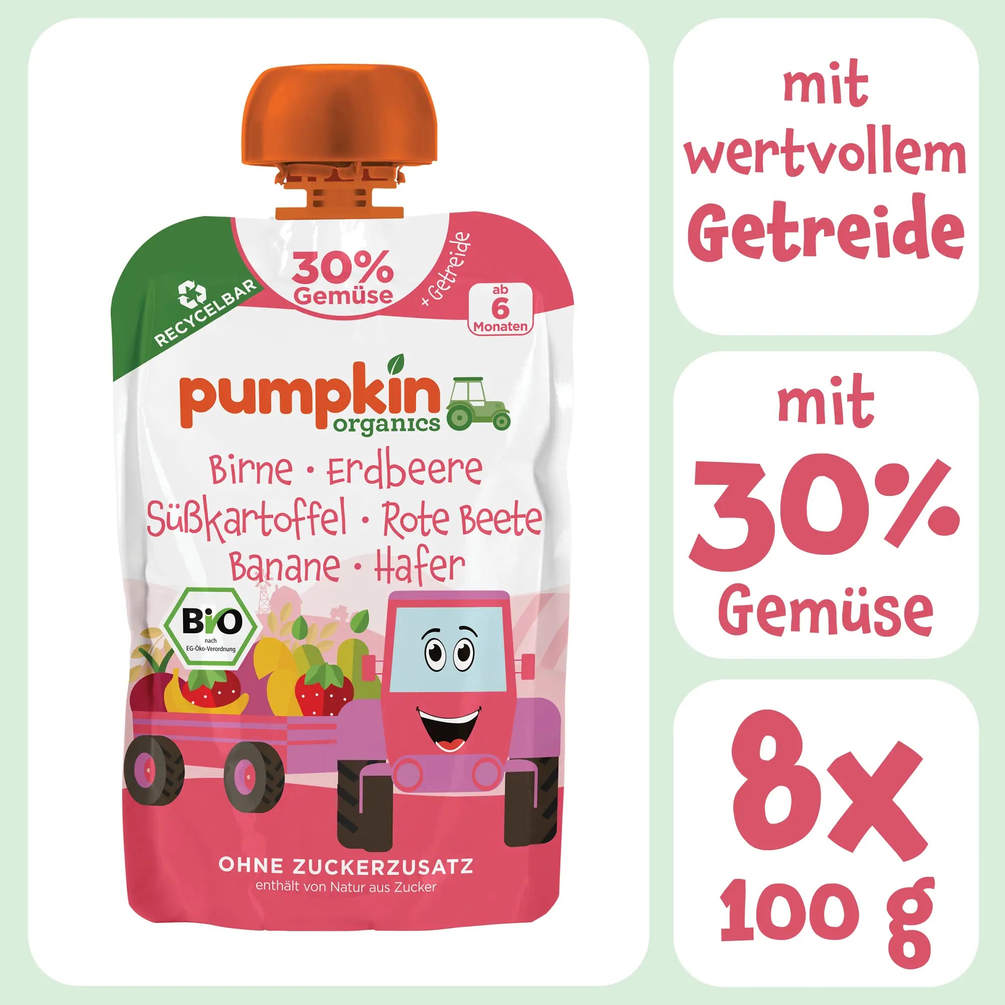 Bio Gemüse - Getreide - Quetschie Birne, Erdbeere, Süßkartoffel, Rote Beete, Banane, Hafer - Pumpkin Organics