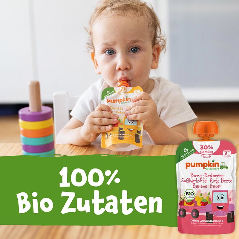 Bio Gemüse - Getreide - Quetschie Birne, Erdbeere, Süßkartoffel, Rote Beete, Banane, Hafer - Pumpkin Organics