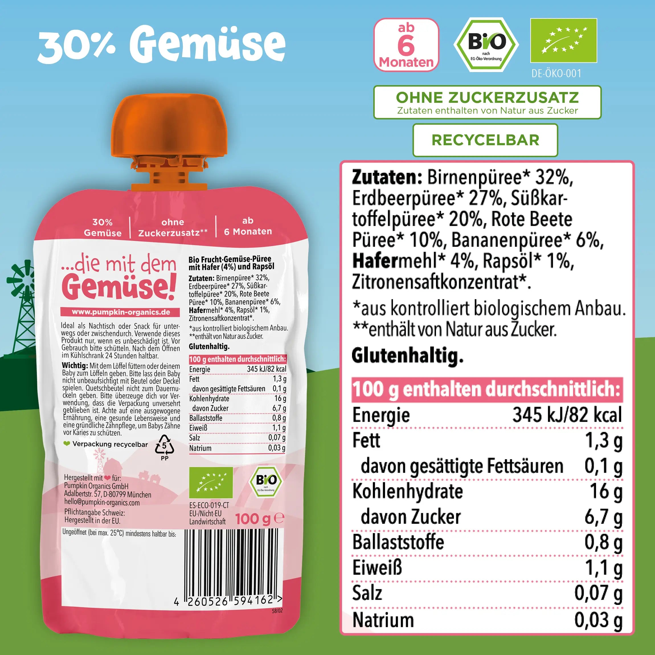 Bio Gemüse - Getreide - Quetschie Birne, Erdbeere, Süßkartoffel, Rote Beete, Banane, Hafer - Pumpkin Organics