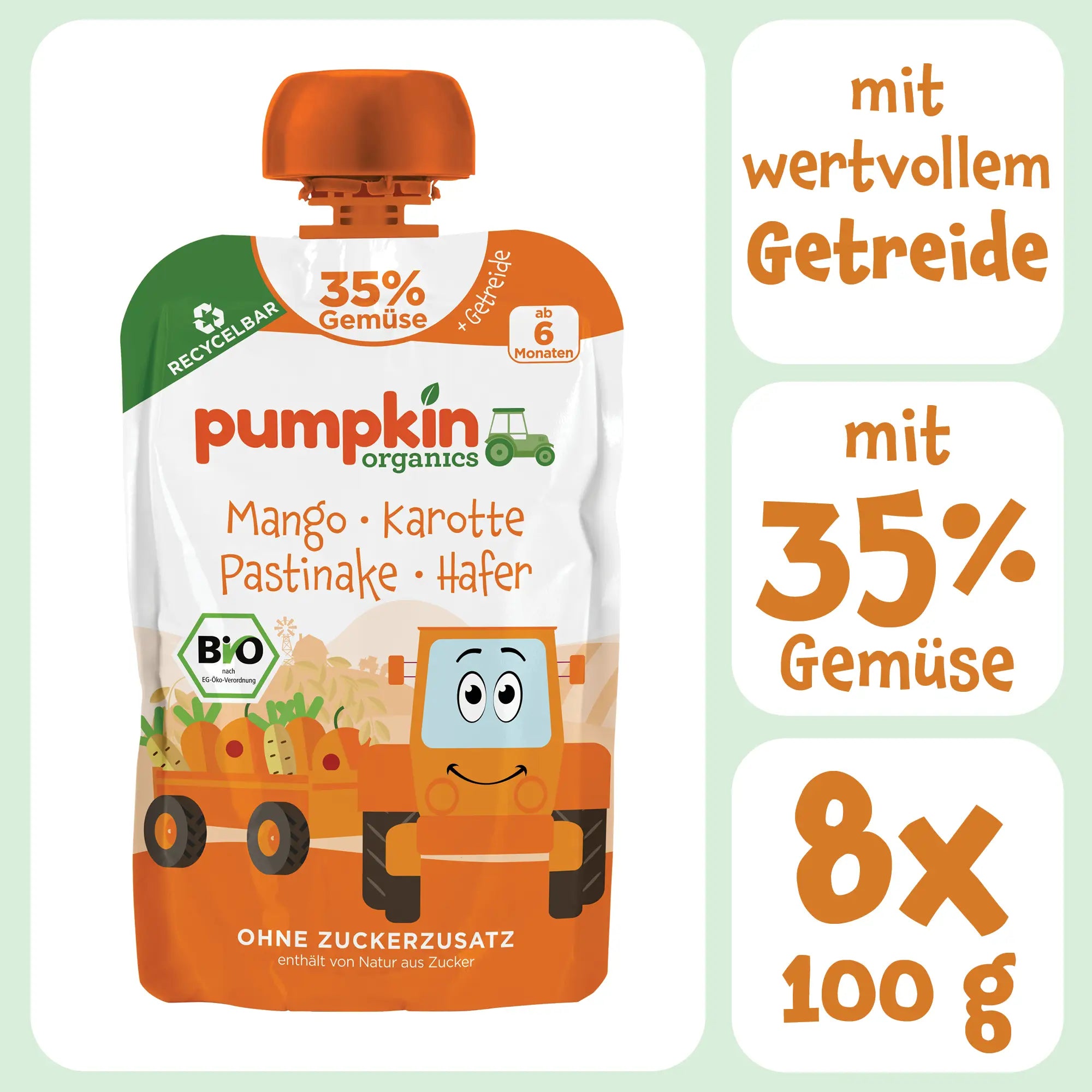 Bio Gemüse - Getreide - Quetschie Mango, Karotte, Pastinake, Hafer - Pumpkin Organics