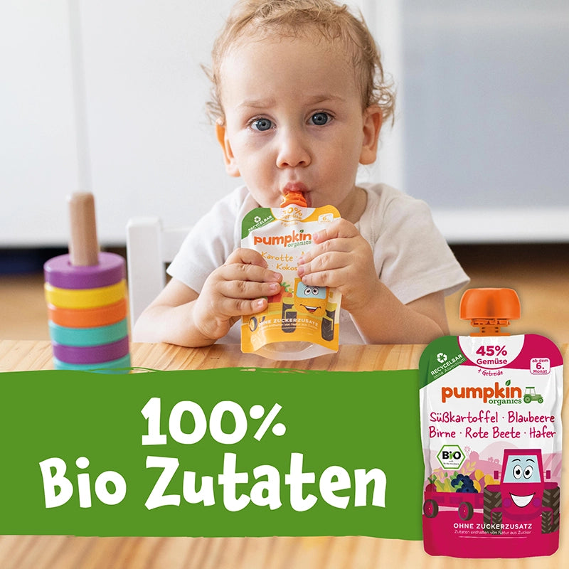 Bio Gemüse - Getreide - Quetschie Süßkartoffel, Blaubeere, Birne, Rote Beete, Hafer - Pumpkin Organics