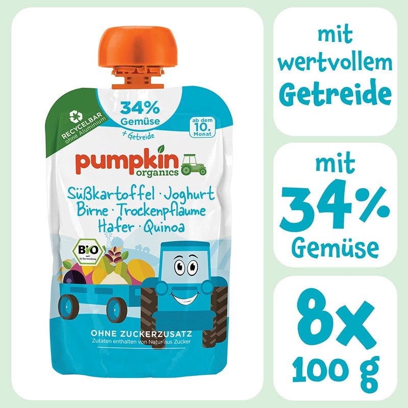 Bio Gemüse - Getreide - Quetschie Süßkartoffel, Joghurt, Birne, Trockenpflaume, Hafer, Quinoa - Pumpkin Organics