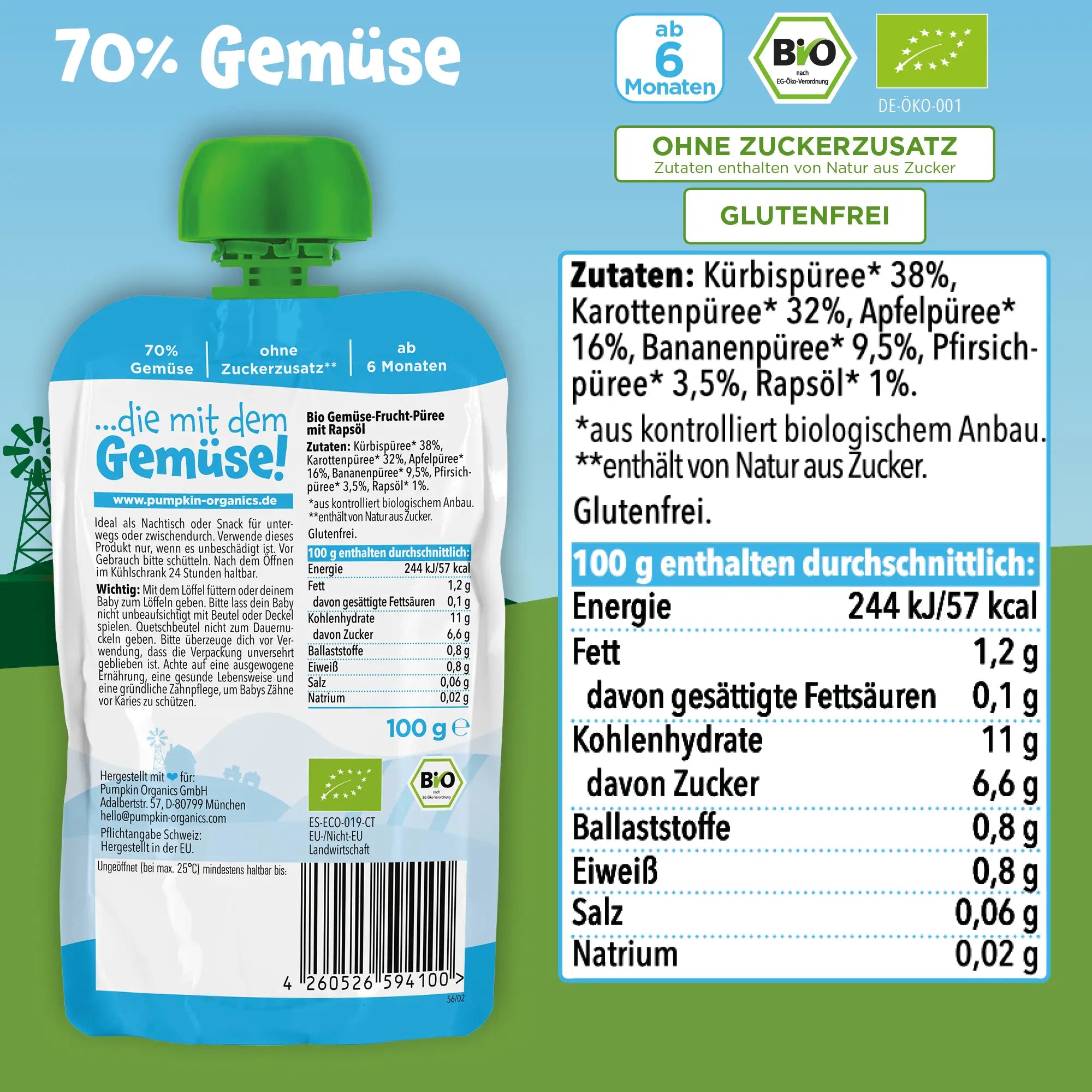 Bio Gemüse - Quetschie Kürbis, Karotte, Apfel, Banane, Pfirsich - Pumpkin Organics