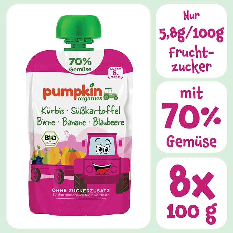 Bio Gemüse - Quetschie Kürbis, Süßkartoffel, Birne, Banane, Blaubeere mit nur 5,8g/100g Fruchtzucker, 70% Gemüse. Im 8er Pack